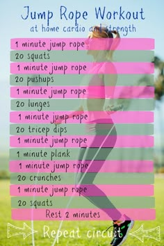 a woman in pink running clothes with the words jump rope workout at home cardio strength