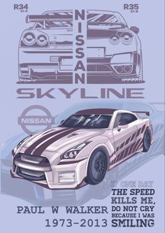 the nissan skyline poster is shown in purple and brown colors, with an image of a car