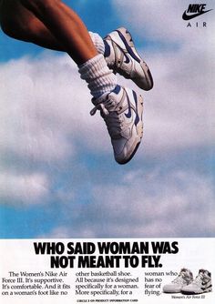 an advertisement for the nike air force sneaker, with a woman in mid air