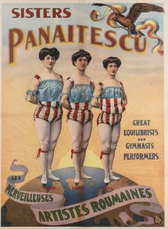 an advertisement for the sisters of panatiescu, with three women in striped outfits