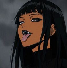 a woman with long black hair sticking out her tongue