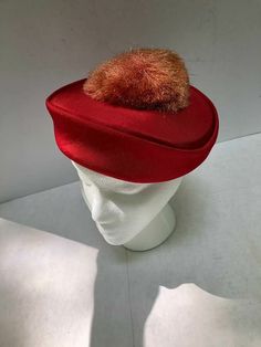 50s vintage structured red linen hat. With pale rose apricot colored large pom pom on top. Excellent condition-seems to have been very well protected and taken care of . Very chic   circumference interior measures 20.5". Interior width 6.5" across No obvious wear. No smell All sales final Big Pom Pom, Ladies Hat, Vintage Hats, 50s Vintage, Red Hat, Beautiful Hats, Apricot, Hats For Women, Size 20