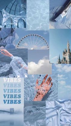 a collage of images with water, clouds and a castle in the background that says vies vues vires vibes