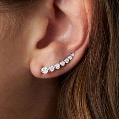 Ross-Simons - 1.00 ct. t. w. Diamond Ear Climbers in 14kt White Gold. This pair of on-trend ear climbers make a sparkling statement. 1.00 ct. t. w. round brilliant-cut diamonds illuminate the ear in polished 14kt white gold. 7/8" long. Earwire, diamond ear climbers. Diamond birthstones are the perfect gift for April birthdays. Elegant Silver Diamond Ear Climbers, Diamond Ear Climbers In White Gold, White Gold Ear Climbers With Diamond Accents, Silver Diamond Ear Climbers With Accents, Fine Jewelry White Gold Ear Climbers, Unique Diamond Earrings, Crawlers Earrings, April Birthday, Ear Climbers