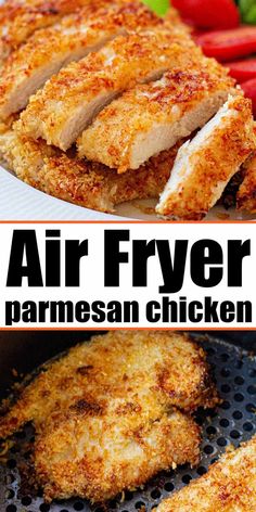 air fryer parmesan chicken cut in half on a grill