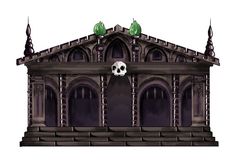 an old building with a skull on the roof and two green spiky leaves