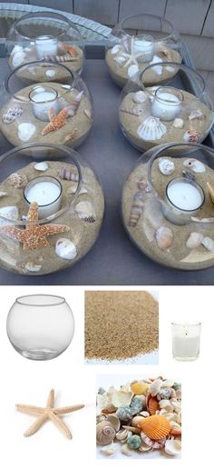 four plates with candles and seashells on them