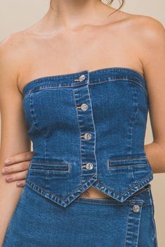 Blue Denim Strapless Button - Up Crop Top - STYLED BY ALX COUTUREShirts & Tops Denim Corset, Flannel Tops, Denim Material, Top Fabric, Classic Blue, Matching Dresses, Denim Fabric, Plus Size Tops, Summer Wardrobe