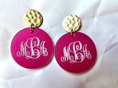 Custom initial earrings are made of acrylic &  laser engraved with into your choice. Each measures 2" from top to bottom. Monogram Earrings, Initial Earrings, Custom Initials, Top To Bottom, Louisville Ky, Laser Engraved, Laser Engraving, Jewelry Earrings Dangle, Etsy Earrings