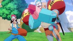 an animated image of two people standing in front of a giant robot and another person holding a bag