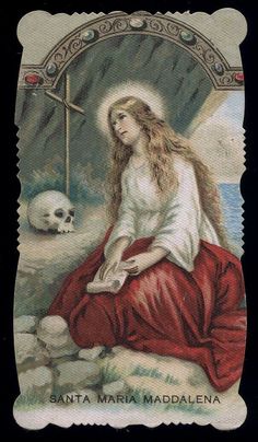 an image of the virgin mary magdalene with her skull and cross on it's back