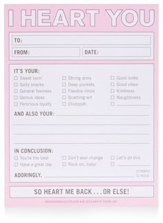 i heart you to do list with pink background and white writing on the front,