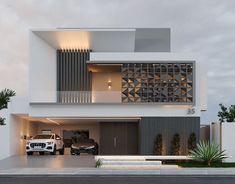 two cars are parked in front of a modern house with white walls and metal grilles