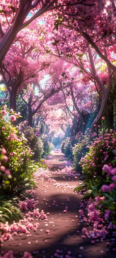 a pathway that is surrounded by pink flowers