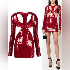 Never Used,Nwt. Size:M Laquan Smith Sequined Cut-Out Mini Dress Shimmering With Sequins, This Sleek Minidress Features Sculptural Cut Outs At The Bodice And Waist. Roundneck Long Sleeves Back Zip Closure Cut Outs At Bodice 100% Polyester Lining: 95% Silk/5% Elastane Dry Clean Made In Usa Size & Fit Bodycon Silhouette Luxury Embellished Red Dresses, Designer Red Party Dress, Designer Mini Length Party Dresses, Designer Mini Party Dress, Designer Fitted Red Dress, Designer Red Fitted Dress, Red Embellished Dress For Date Night, Laquan Smith, Cut Outs