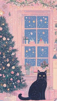 a black cat sitting in front of a christmas tree