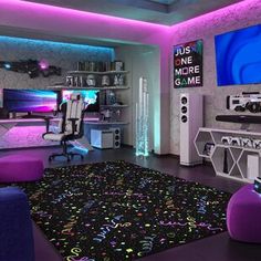 a living room filled with furniture and a flat screen tv mounted on a wall above a purple rug