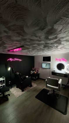 a living room filled with furniture and a neon sign on the wall above it's mirror