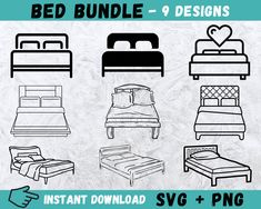 bed bundle - 9 designs instant digital clipart svg and png for silhouettes