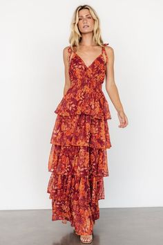 Basma Tiered Maxi Dress | Burgundy Print Sleeve Straps, Fall Bridesmaids, Gauze Maxi Dress, Fall Bridesmaid Dresses, Orange Floral Print, Midi Dress Style, Rich Burgundy, Tiered Maxi Skirt, Guest Attire