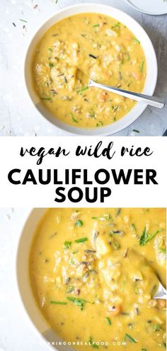 two bowls of vegan wild rice cauliflower soup