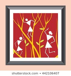 a cross stitch pattern with two people walking through the woods in red and yellow colors