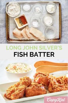 an image of fish batters and other ingredients on a tray with the words, long john silver's fish batter