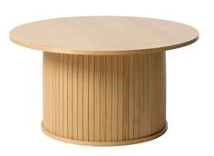 a round wooden table sitting on top of a white floor