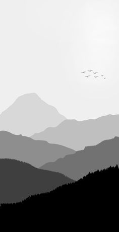 two birds are flying over the mountains in black and white, while one bird is silhouetted against the sky