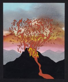 a painting of a tree on top of a mountain with flames coming out of it