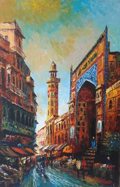 an oil painting of a city street scene