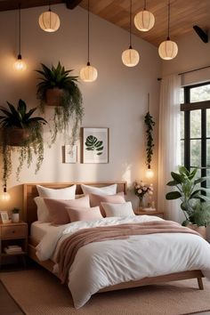 a bedroom with plants hanging from the ceiling, and a bed in front of a window