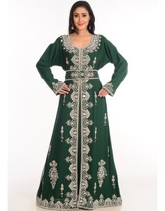 Bottle Green Georgette Hand Zari Embroidery Bridal Kaftan Right side and both sleeve zari work Back close with loop, button & zip, easy to wear Dress belongs to the zari embroidery work with glass stone at the front and sleeves Hijab and band shown in the image can be bought separately Fabric: GeorgetteCare: Mild machine wash/ hand Cold Wash/ Dry cleanWe request customers to carefully choose the correct size and dress length referring to our size chart Bridal Kaftan, Farasha Abaya, Islamic Wear, Abaya Design, Dress Abaya, Hand Embroidery Dress, Zari Embroidery, Moroccan Kaftan, Fancy Wedding