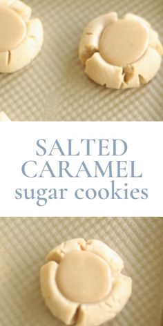 salted caramel sugar cookies on a baking sheet with text overlay that reads salted caramel sugar cookies