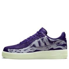 Introducing the Nike Air Force 1 '07 Purple Skeleton! This stylish take on the classic Air Force 1 features a graphic of a skeletal human foot on both side panels, rendered in a bold violet hue. The tongue tag and heel tab are crafted from smooth leather, while the lace jewels are in a glow-in-the-dark finish. The cupsole is also translucent and luminescent, adding an extra touch of style to this already impressive sneaker. Whether you're hitting the court or just cruising around town, the Nike Nike Sb Adversary, Purple Nike Shoes, Purple Tennis Shoes, Purple Skeleton, Lavender Shoes, Nike Shox For Women, Nike Shoes Air Force, Nike Air Force One, Nike Air Force 1 High