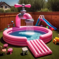 an inflatable pool with a slide and water sprinkler on the lawn