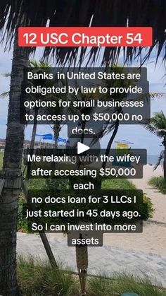 a palm tree sitting on top of a sandy beach next to the ocean with text that reads, 12 usc charter 54 banks in united states are obrigated by law to provide options for small businesses