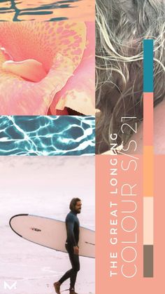 there is a man walking on the beach with a surfboard in his hand and an orange flower behind him