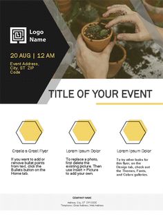 a flyer for an event with three hands holding a potted plant and the words title of your event