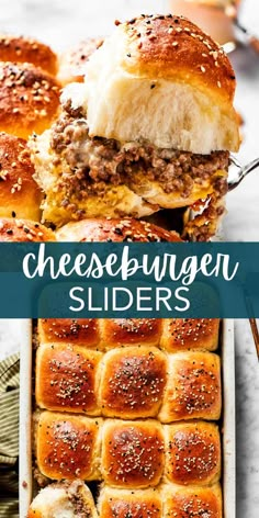 cheeseburger sliders in a baking dish with text overlay