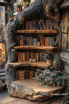 a book shelf made out of logs with books on the shelves and flowers in pots