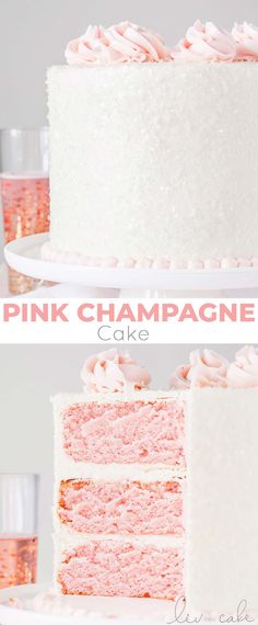 a pink champagne cake with white frosting and sprinkles on the top