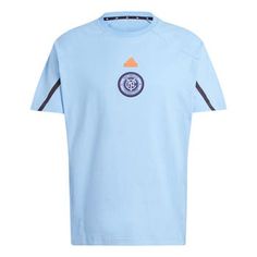 The adidas Sky Blue New York City FC 2024 Travel Raglan T-Shirt is the perfect way to show your support for the New York City FC. With heat-sealed stripes on the sleeves and embroidered fabric applique, this shirt is sure to turn heads. The raglan sleeves and crew neck provide a comfortable fit, while the cotton and spandex material is soft and breathable. Whether you're cheering on the New York City FC from the stands or relaxing at home, this shirt is a must-have for any fan. Screen print grap Blue Athleisure T-shirt With Three Stripes Branding, Blue Moisture-wicking Sportswear T-shirt, Blue Sports T-shirt With Logo Print, Blue Adidas T-shirt With Logo, Blue Adidas Logo T-shirt For Sportswear, Adidas Blue T-shirt Sportswear With Logo, Blue Adidas T-shirt For Streetwear, Adidas Blue T-shirt For Streetwear, Blue Sportswear T-shirt With Graphic Print