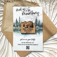 a brochure with the words meet us in the mountains on it and some trees