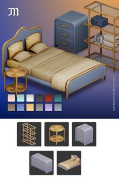 an image of a bed and other furniture in the same color scheme for each room