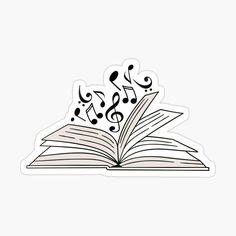 an open book with musical notes coming out of it sticker on a white background