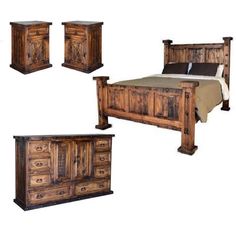 four pieces of wood furniture including a bed, dresser and night stand with two nightstands