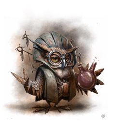 an owl dressed in steampunk clothing and holding a pipe with its beak open