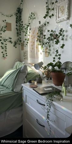 the bedroom is decorated in white and green