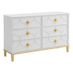 a white and gold dresser with four drawers